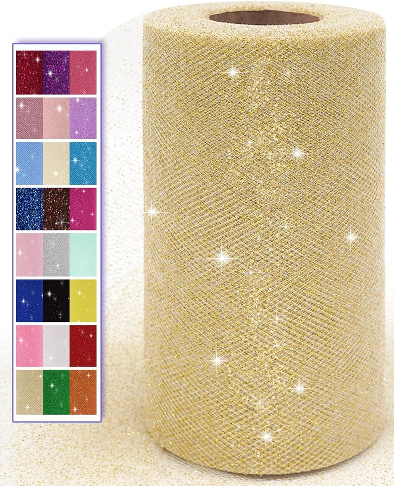 Ableme Deco Glitter Gold Tulle Fabric Rolls, 6 Inch 50 Yards (150ft) Sparkling Spool Ribbon Sequin Netting for Tutu Skirt Gift Wrapping Wedding Party Decoration (White/Gold) - Image 1